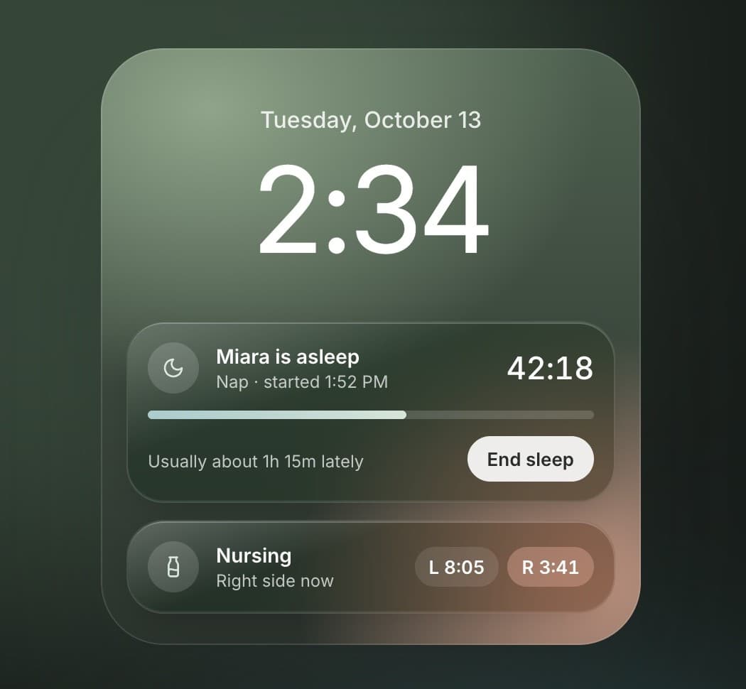 MiaraOS Lock Screen live activities for a nap timer and a nursing session