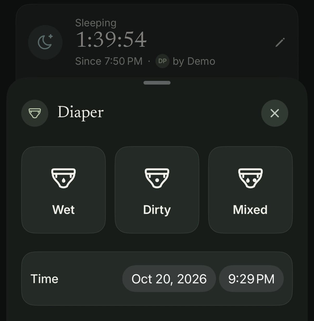 MiaraOS in dark mode: the diaper sheet with one-tap Wet, Dirty and Mixed buttons and the time filled in, over a running sleep timer
