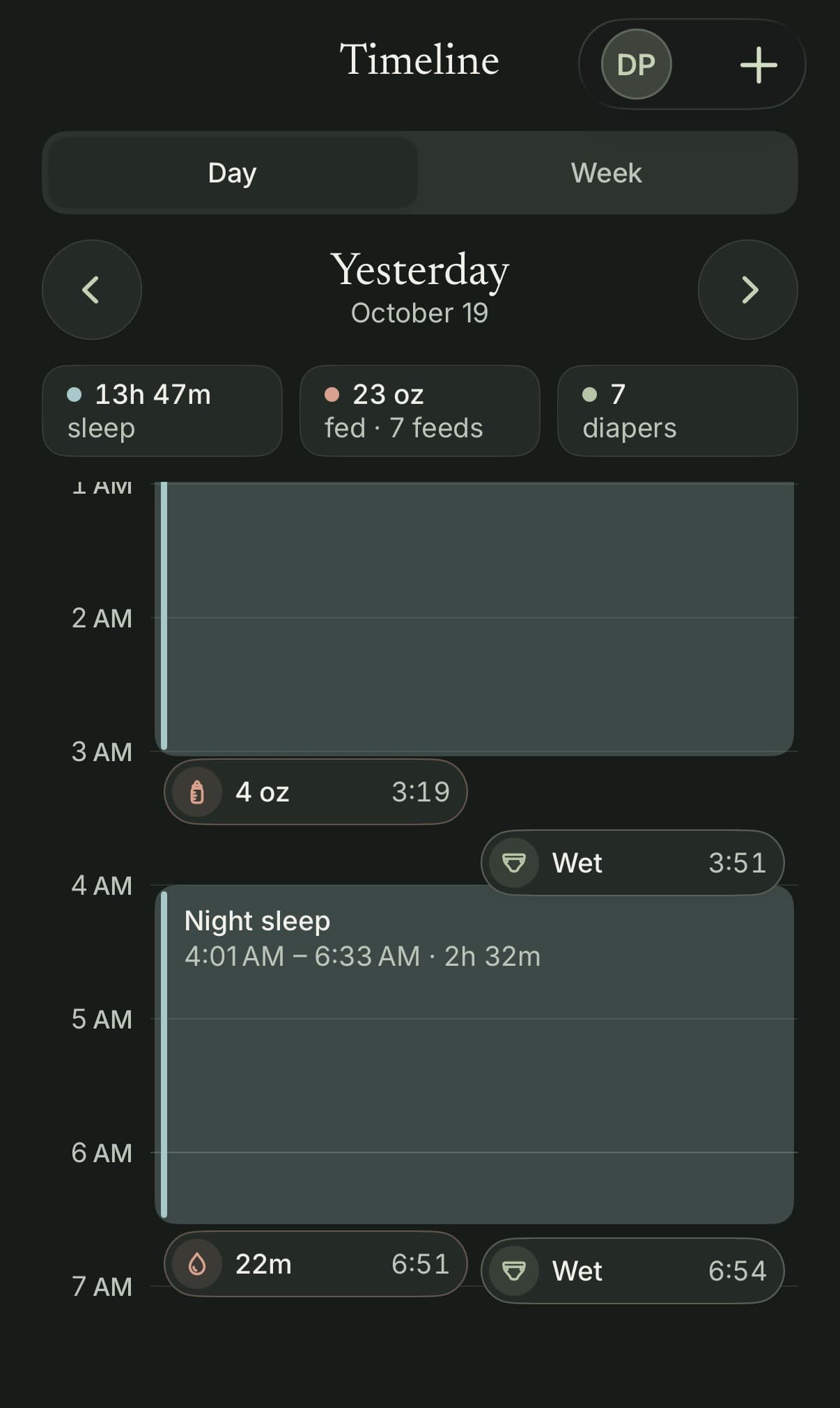 The MiaraOS day timeline in dark mode, laying out a night of sleep, a 3:19 AM bottle and diaper changes hour by hour