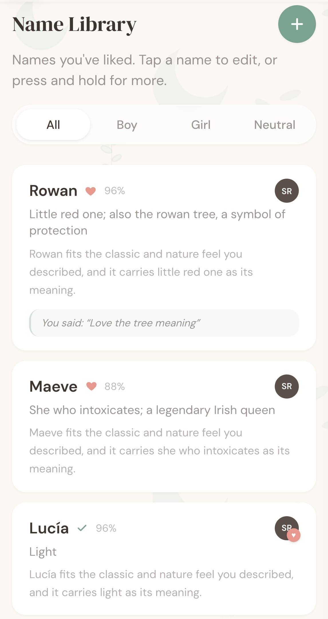 The NameWise Name Library: Rowan and Maeve loved, a saved note on Rowan, and the partner who liked each name