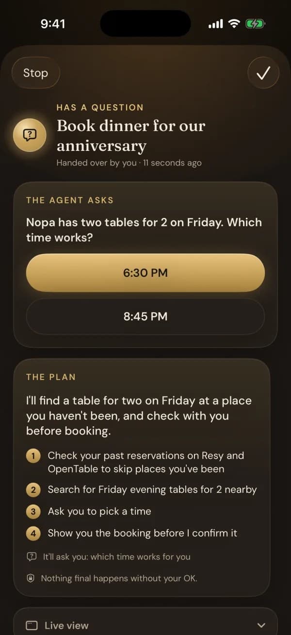 PreslerOS: the agent asks "Nopa has two tables for 2 on Friday. Which time works?" with 6:30 PM and 8:45 PM