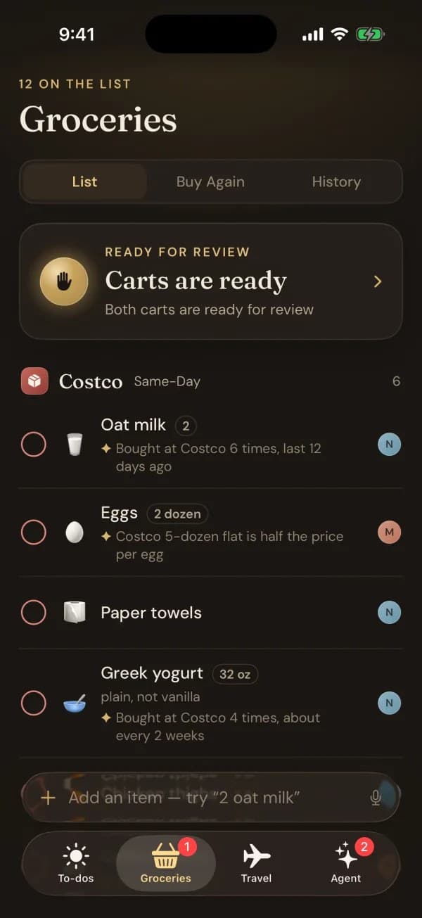 PreslerOS Groceries: "Carts are ready" for review above a Costco Same-Day list, each item noting how often it's bought there