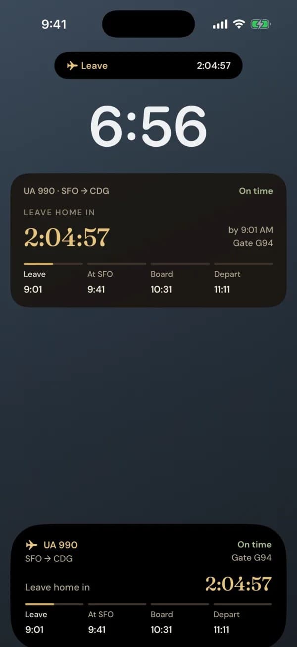 A PreslerOS Live Activity on the Lock Screen for UA 990 SFO to CDG: leave home in 2:04:57, with leave, airport, boarding and departure times
