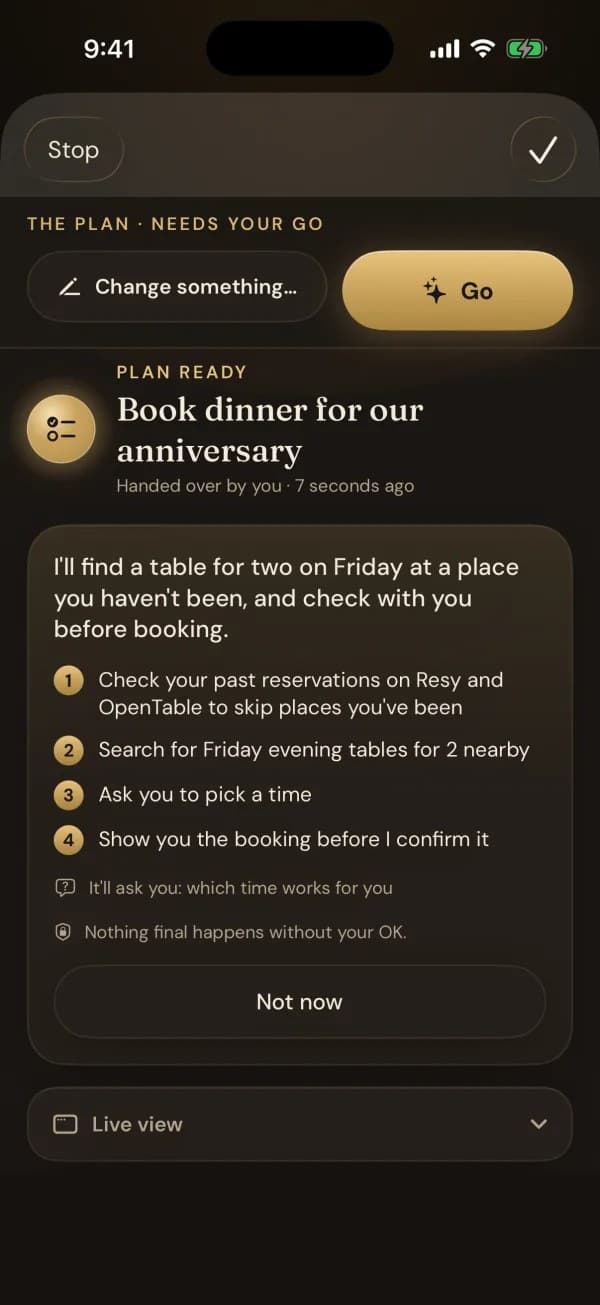 PreslerOS plan sheet: the agent's four-step plan to book a Friday anniversary dinner for two, waiting for Go, with "Nothing final happens without your OK"