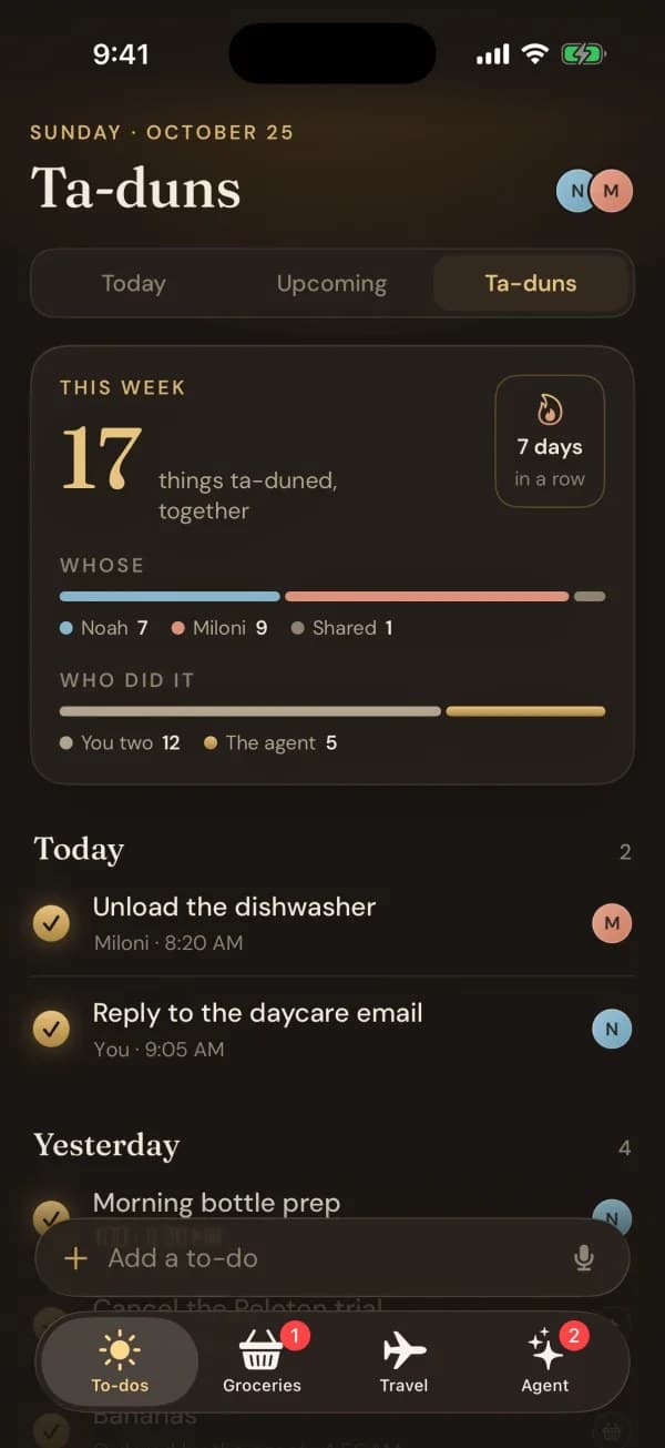 PreslerOS Ta-duns: 17 things done together this week, split by who did them, 12 by the couple and 5 by the agent