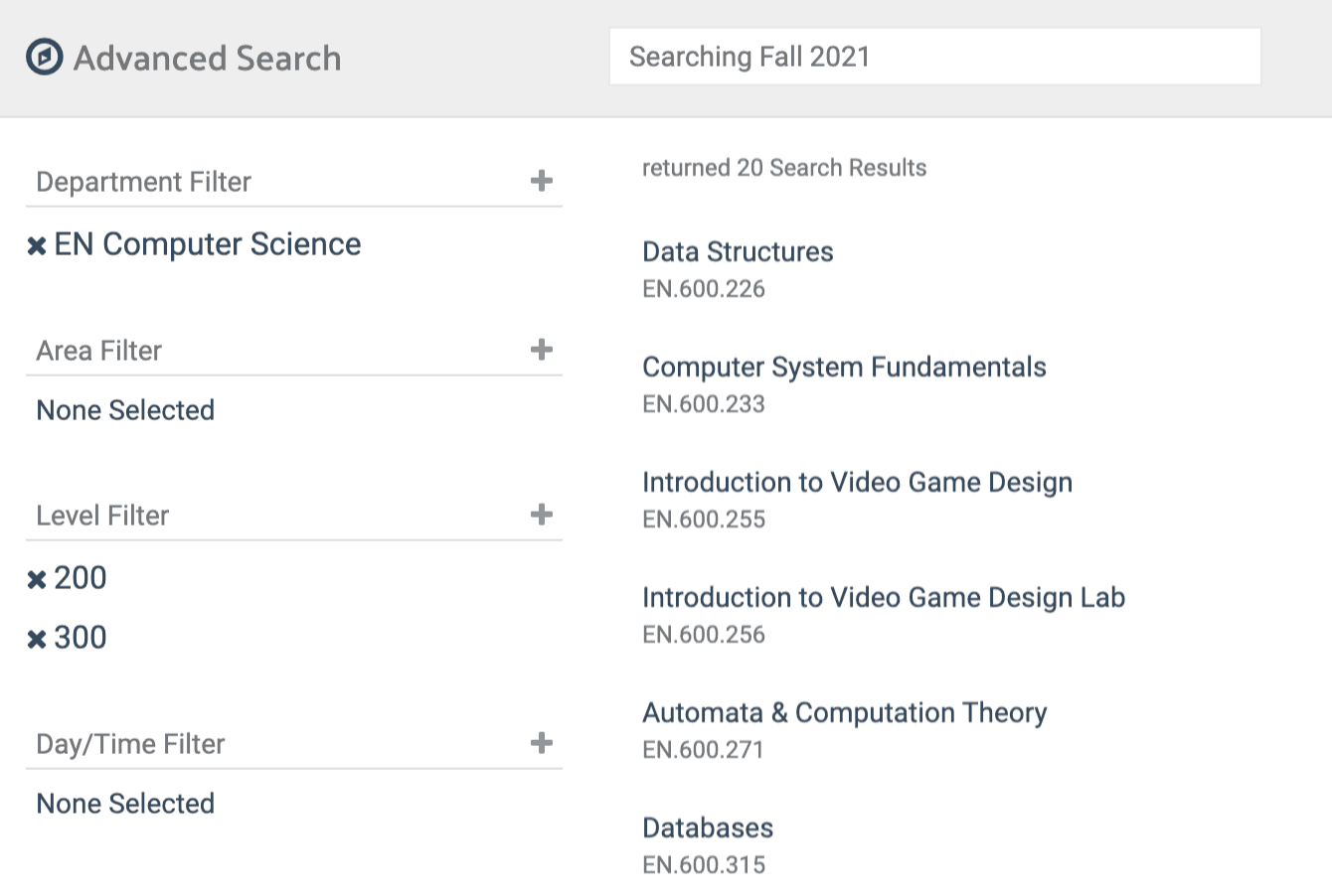 Advanced Search filtering by department, area, level and day/time