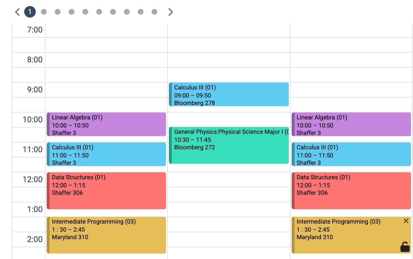A generated Hopkins week in Semester.ly: Linear Algebra, Calculus III, Physics, Data Structures and Intermediate Programming, with dots to flip between schedule options