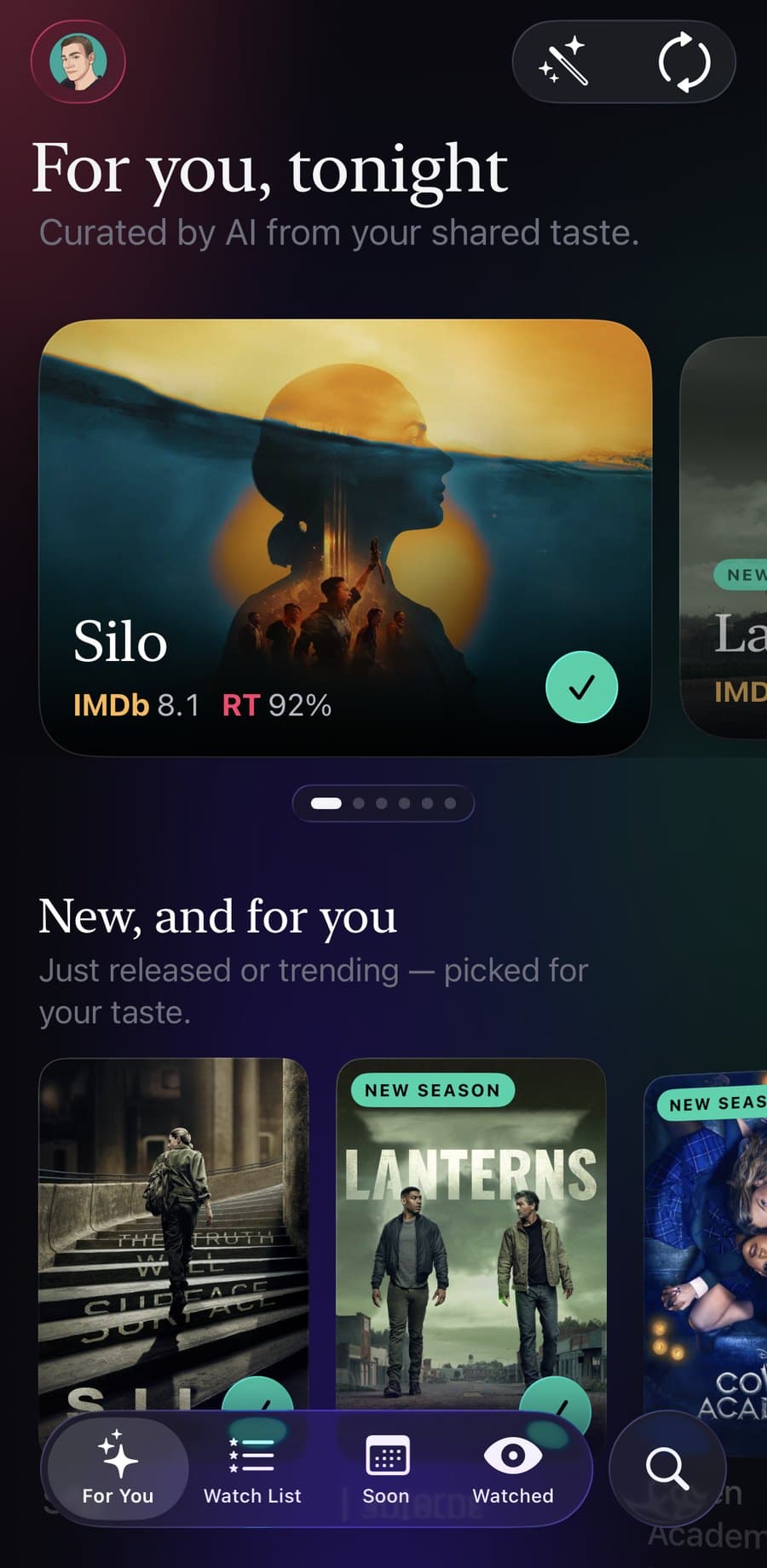 WeWatch on iPhone: "For you, tonight", curated by AI from your shared taste, with a Silo hero card and a "New, and for you" row of posters