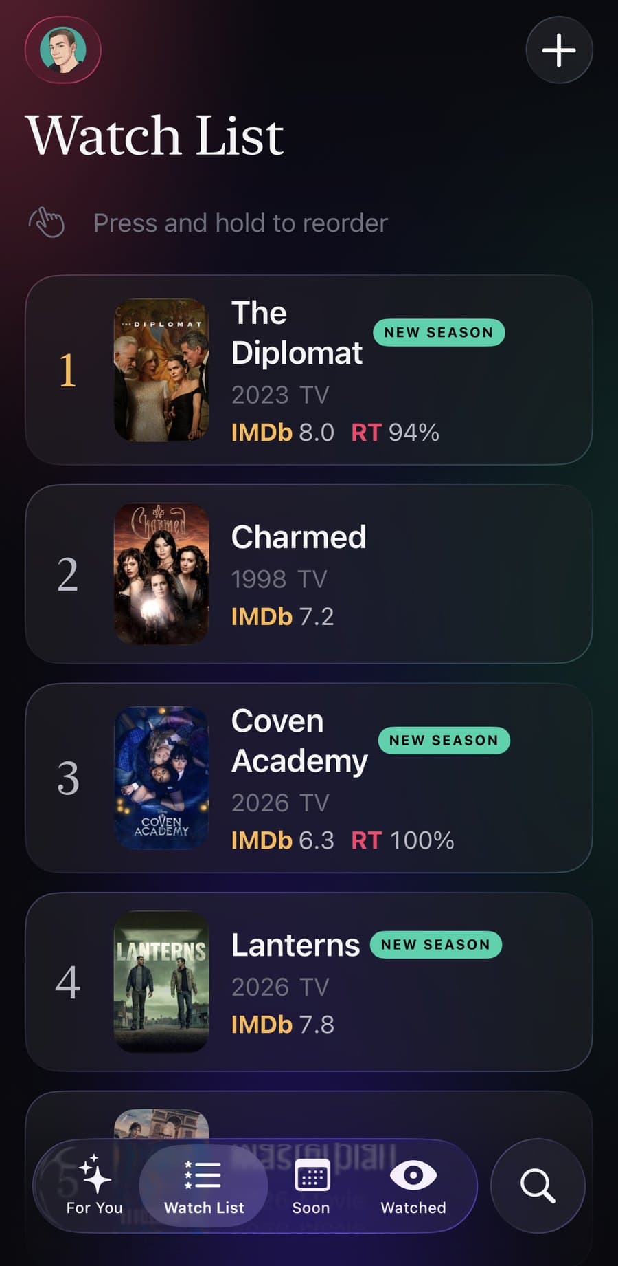 The WeWatch Watch List: a ranked list of The Diplomat, Charmed, Coven Academy and Lanterns with IMDb and RT scores and New Season badges; press and hold to reorder