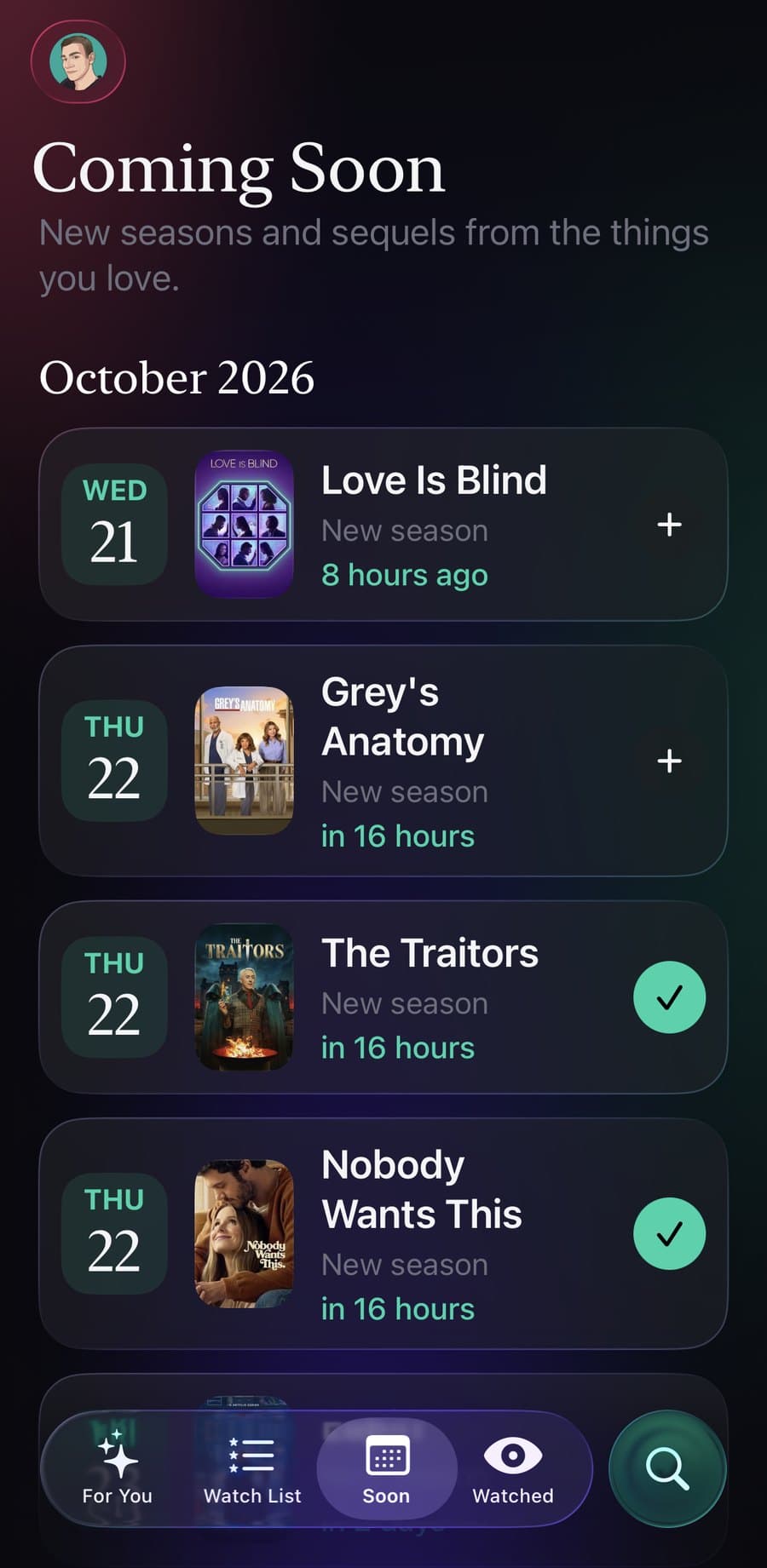 WeWatch Coming Soon: new seasons of Love Is Blind, Grey's Anatomy, The Traitors and Nobody Wants This, dated and counted down