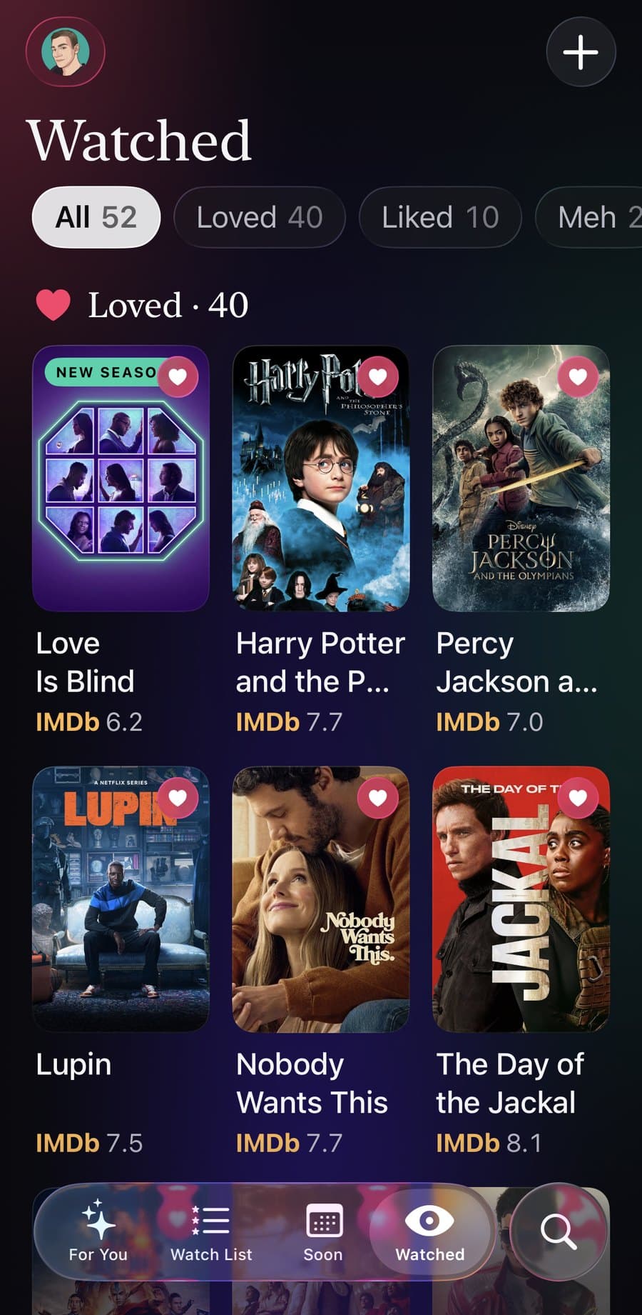WeWatch Watched: 52 titles filtered into Loved, Liked and Meh, with a Loved shelf of posters