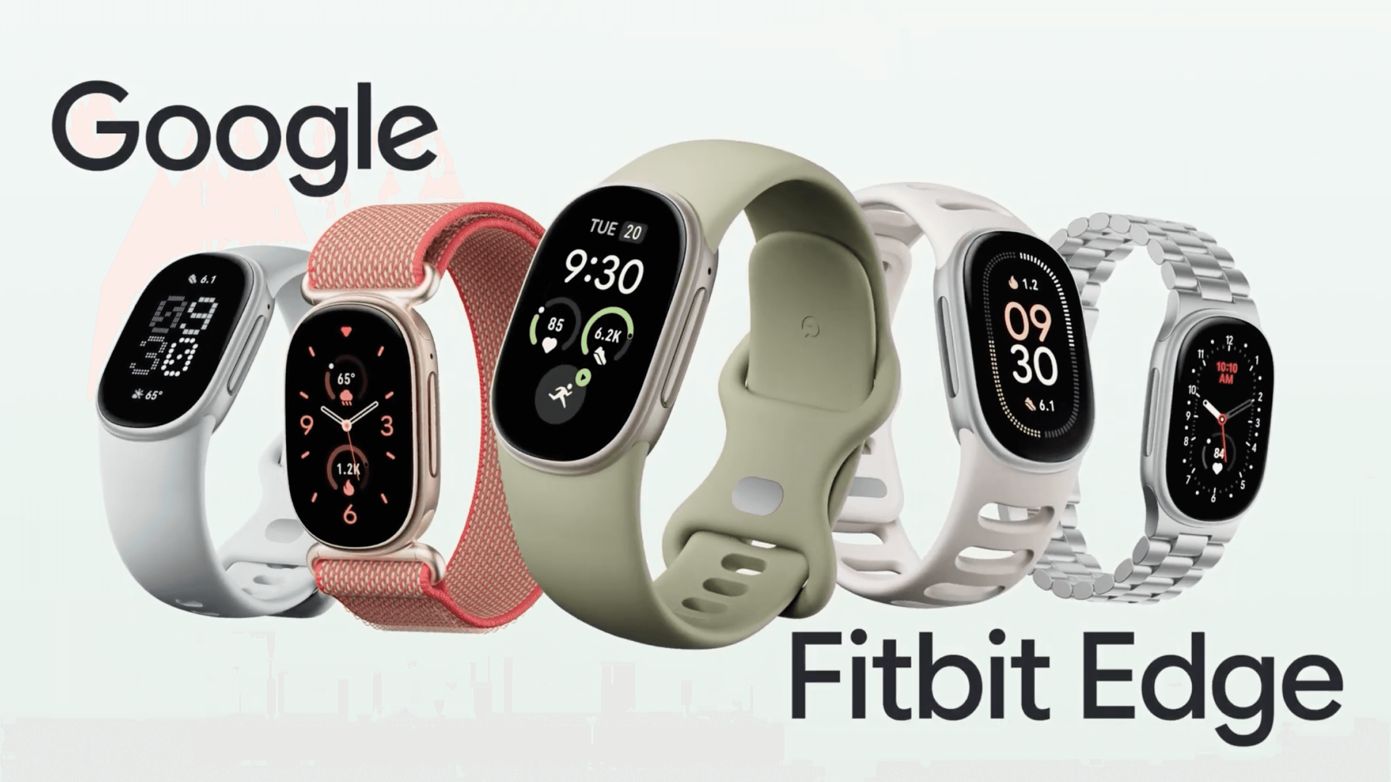 Five Fitbit Edge trackers with different bands alongside 'Google' and 'Fitbit Edge' wordmarks