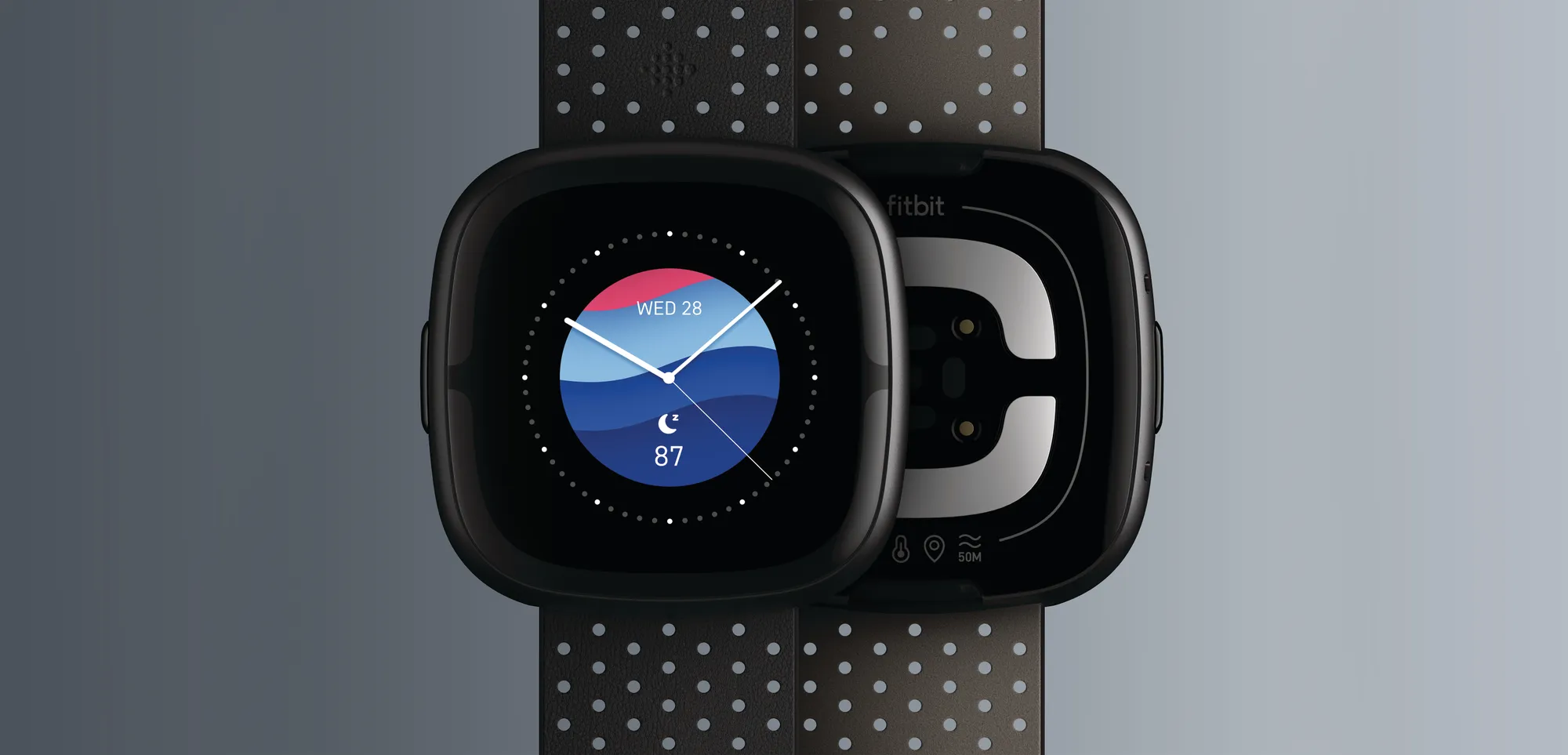 Sense 2 in shadow grey showing the screen and the back sensor side by side